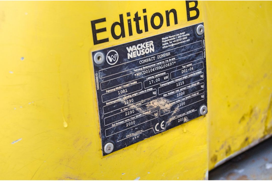 Wacker Neuson 1001 1 tonne hi-tip dumper Year: 2016 S/N: VPAL00697 Recorded Hours: 1272 A742193 - Image 22 of 22