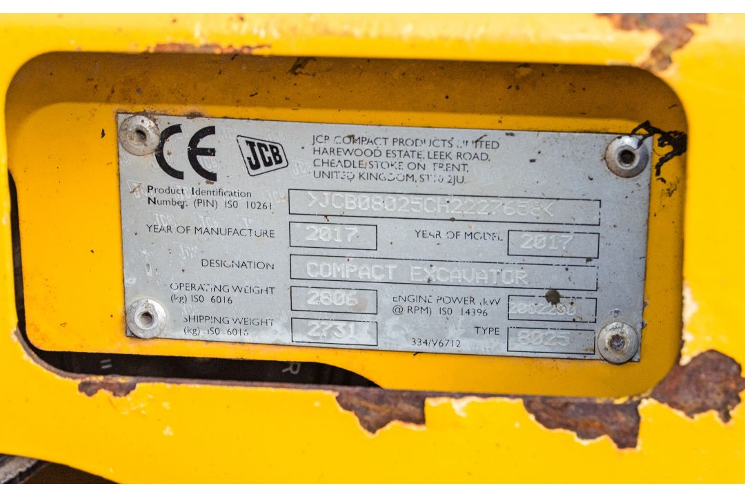 JCB 8025 ZTS 2.5 tonne rubber tracked mini excavator Year: 2017 S/N: 2227658 Recorded Hours: 2044 - Image 25 of 25
