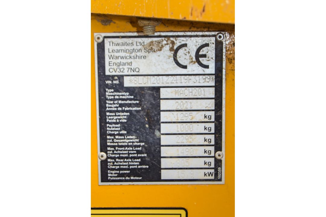 Thwaites 1 tonne hi tip dumper Year: 2021 S/N: 119F3199 Recorded Hours: 892 2104TWT908 - Image 22 of 22