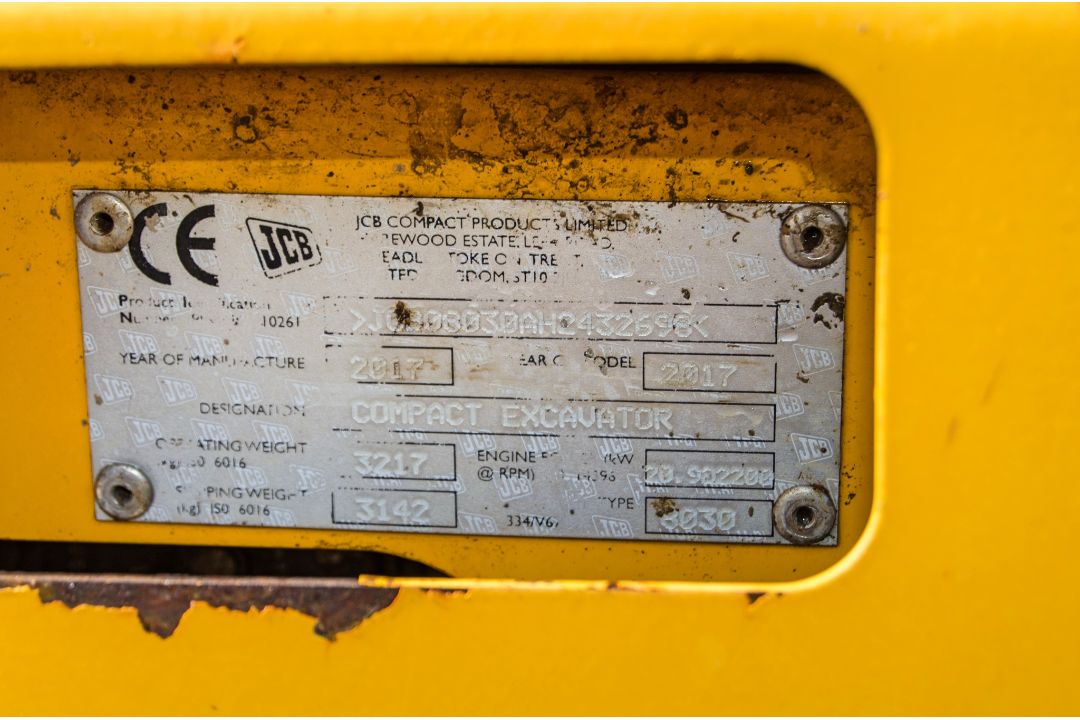 JCB 8030 3 tonne rubber tracked excavator Year: 2017 S/N: 2432698 Recorded Hours: 3232 blade, - Image 24 of 24