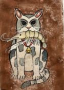 Rare 19th-Century Kalighat Painting of a Cat with Lobster: