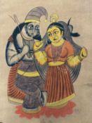 Large Kalighat Painting of Radha and Krishna: