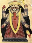 Rare Kalighat Painting of Goddess Kali from the Renowned Kali Temple, Calcutta: