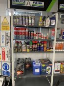 Contents of 2 Racks to Include a Large Quantity of Oils, Screenwash, WD-40, Tapes, Greases, Silicone