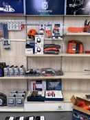 Contents of Display Unit to Include Husqvarna Protective Gloves, Hearing Protection, Chaps Trousers