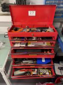 1, Red 7 Drawer Mobile Tool Cabinet with Contents of Tools, Batteries, Grips, Screwdrivers, Wrenches