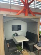 Wooden Framed Meeting Booths with Grey Cloth Upholstered Seating and Fixed Wooden Table
