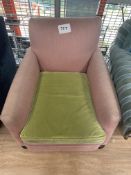 Pink Cloth Upholstered Armchair with Green Cushion