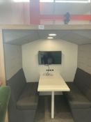 Wooden Framed Meeting Booths with Grey Cloth Upholstered Seating and Fixed Wooden Table