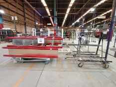 LOT OF (14) PIECES OF SHELVES, RACKS, COUNTERS, RACKS AND LOADING CARTS.