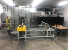 2021 Tecnaflu UV painting and curing line with 274 rotating sprockets bottle holders, runs at 25 fee