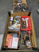 Crate with misc. nuts, bolts, sockets, taps, thread repair kit etc.