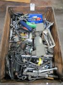 Crate of misc. tooling, tools, small bench grinder, drill bits, air tools etc.