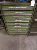 Nu Era 9 drawer cabinet plus contents of circle cutting tools, boring rings etc.