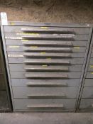 Nu Era 11 drawer cabinet plus contents of tap extenders and sleeves, oil hole drill bits, drill bits