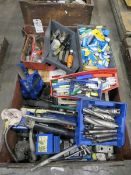 Crate of misc. tooling, inserts, insert drill bits, grease guns, vise etc.