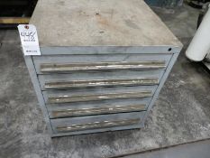 Five drawer modular cabinet plus contents of threaded rods, machine clamps, nuts, washers etc.