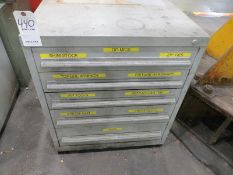 Nu Era 5 drawer cabinet plus contents of clamps, holders, grease guns, chuck jaws, etc.