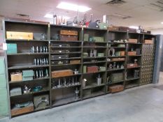 Thirteen shelves plus contents of misc. snap, thread and ring gauges etc.