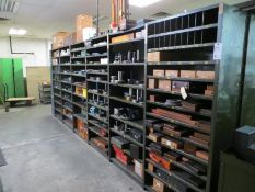 Thirteen shelves plus contents of misc. snap, thread and pressure gauges etc.