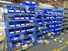 Three sections of racking plus contents of pipe fittings, nuts, bolts etc.