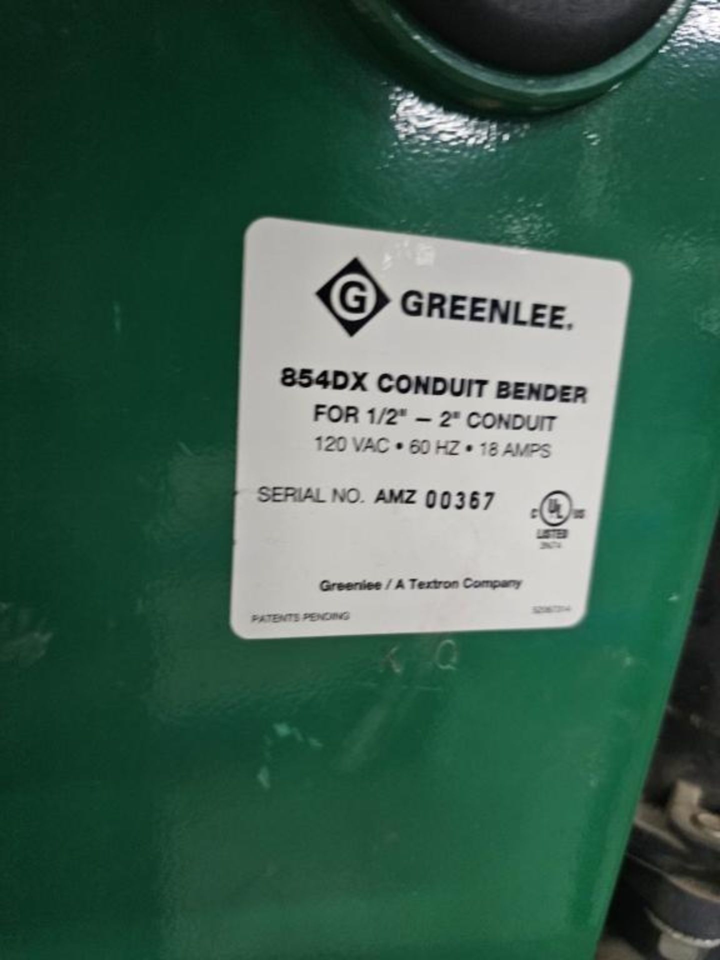 Greenlee 854DX Electric Conduit Bender, 0.5"-2" Conduit Size, Rigid/EMT/IMC Shoe, sn AMZ-00367 with - Image 3 of 4
