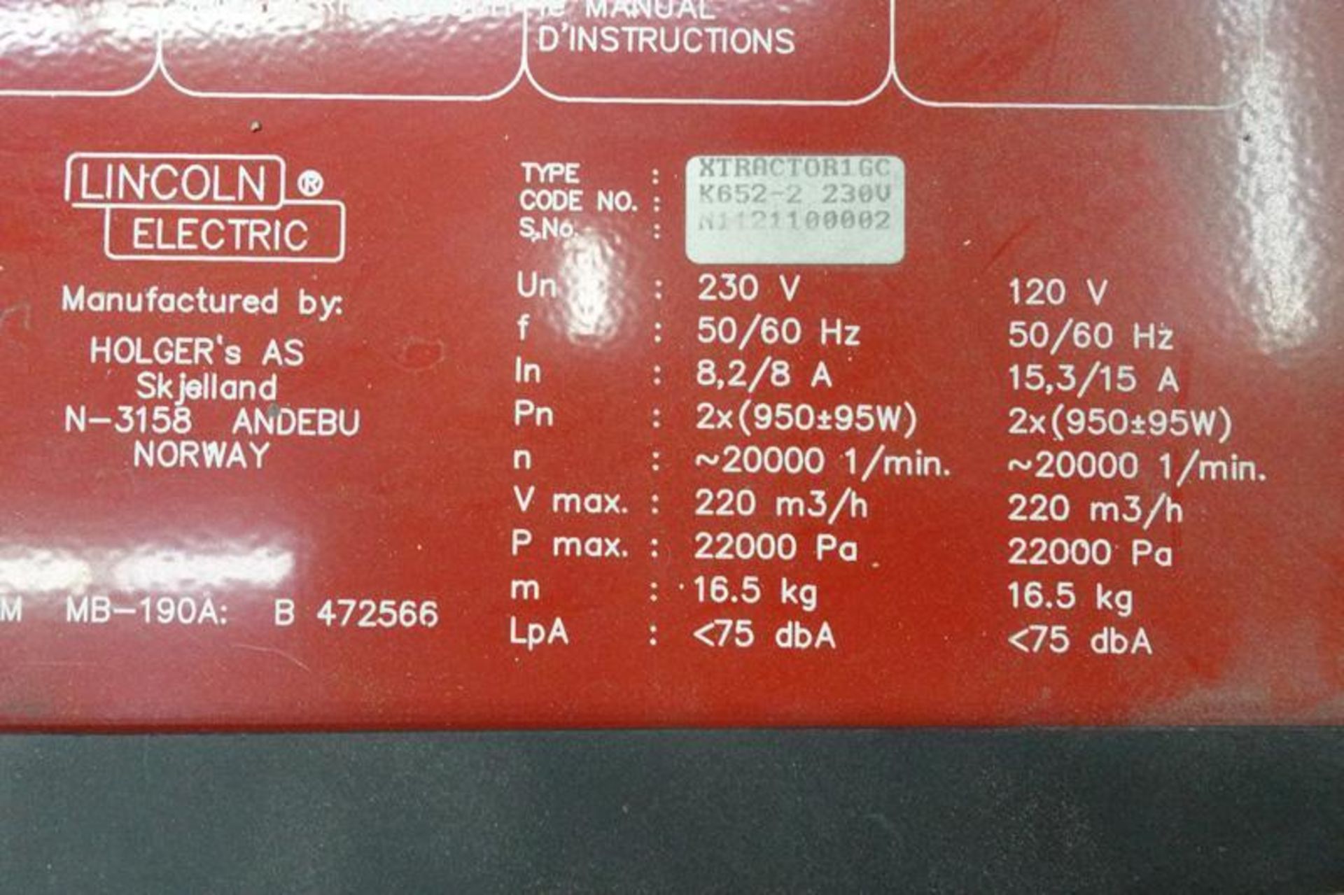 Lincoln X-Tractor 1GC Portable Welding Fume Extractor - Image 3 of 3