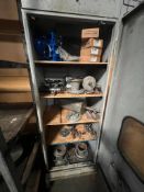Storage Cabinet and contents, Motovario Worm Gear Box, Angle Seat Valves, AMI bearigs