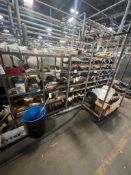 (2) Shelf Units w/ double gear chains, pulleys, filters, and rolling rack with contents