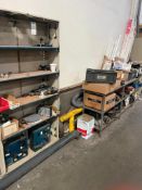 Metal Shelf unit and work table w/ contents, Leeson speed master control, sanders and plates