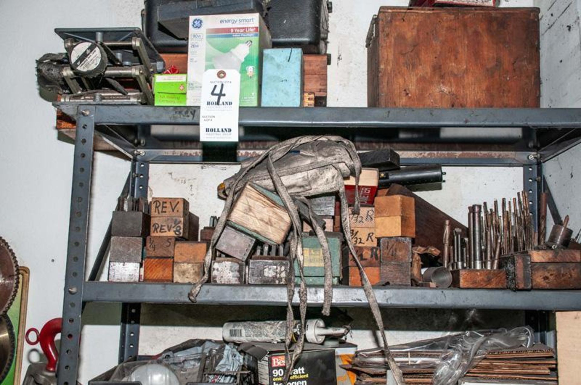 Shelving Unit W/ Contents, Laboratory Jack, Number And Letter Stamps, Reamers, Grinding Wheels 7 1/2