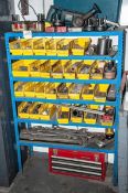 Shelving Unit W/ Drill Bits, Allen Keys, Mill Ends, Collets, Bosch Cordless Reciprocating Saw And Fl