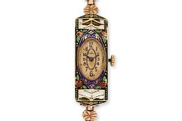 AN ESKA ENAMELLED GOLD COCKTAIL WATCH