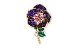 A RUBY AND DIAMOND PLIQUE-A-JOUR ENAMEL 'ROSE' BROOCH