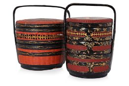 TWO RED AND BLACK TIFFIN BASKETS