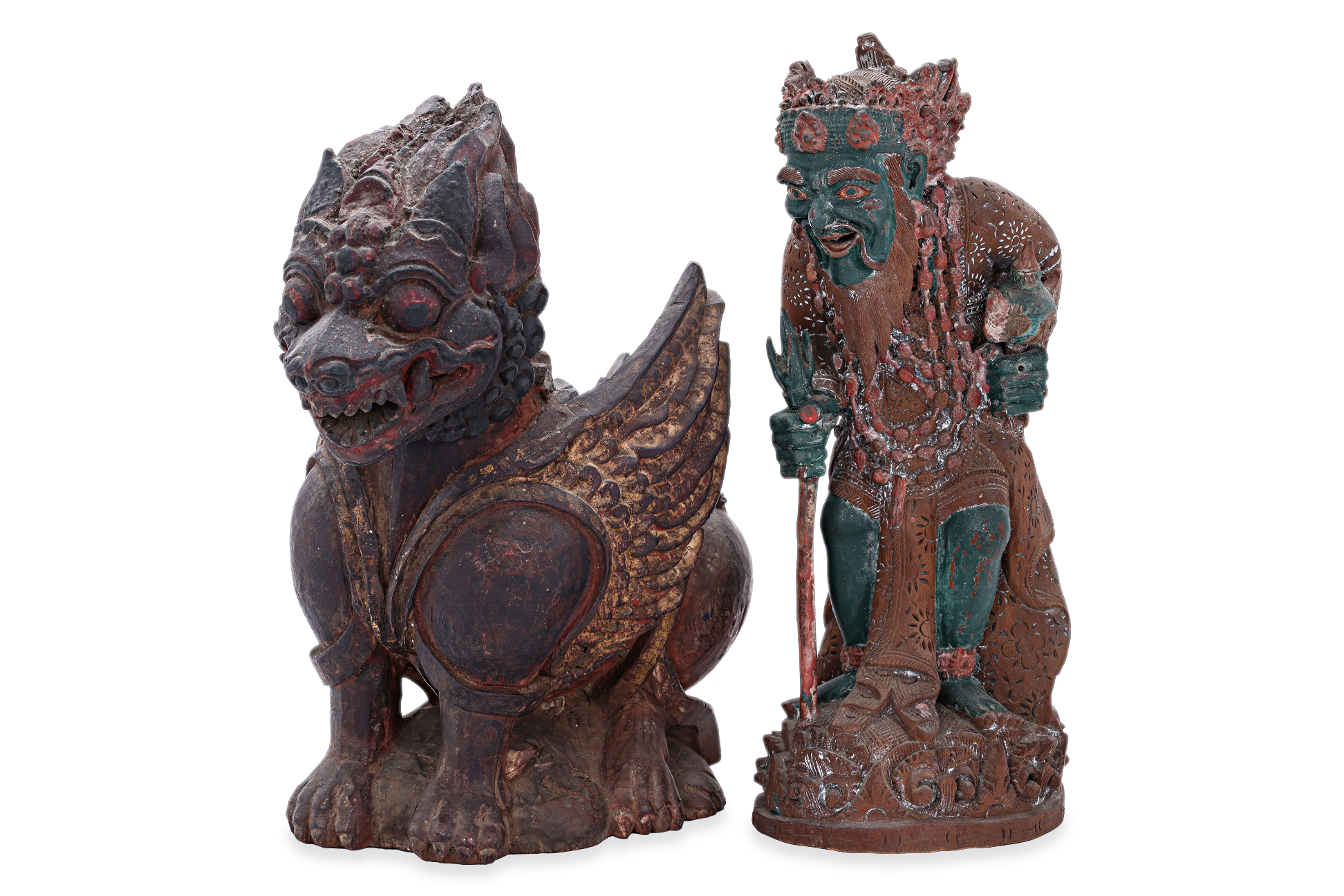 TWO BALINESE CARVED POLYCHROME STATUES