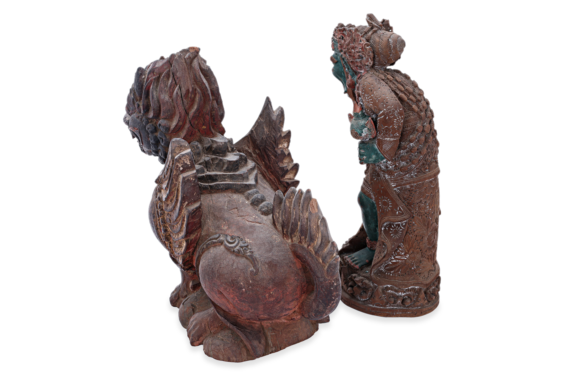 TWO BALINESE CARVED POLYCHROME STATUES - Image 3 of 4