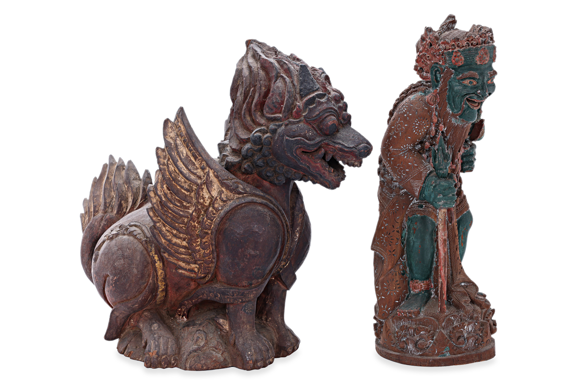 TWO BALINESE CARVED POLYCHROME STATUES - Image 2 of 4