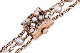 A VINTAGE PEARL, SAPPHIRE AND GOLD COCKTAIL WATCH