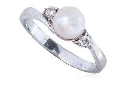 AN AKOYA CULTURED PEARL AND DIAMOND RING