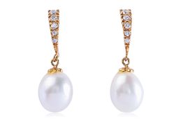 A PAIR OF CULTURED PEARL AND DIAMOND EARRINGS