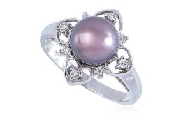 A TAHITIAN CULTURED PEARL AND DIAMOND RING