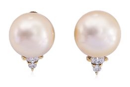 A PAIR OF CULTURED PEARL AND DIAMOND SCREW-BACK EARRINGS
