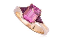 A PINK TOURMALINE AND RUBY RING