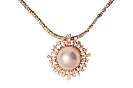 A CULTURED MABE PEARL AND DIAMOND PENDANT ON CHAIN