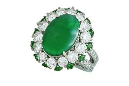 A TYPE A JADEITE, TSAVORITE AND DIAMOND RING