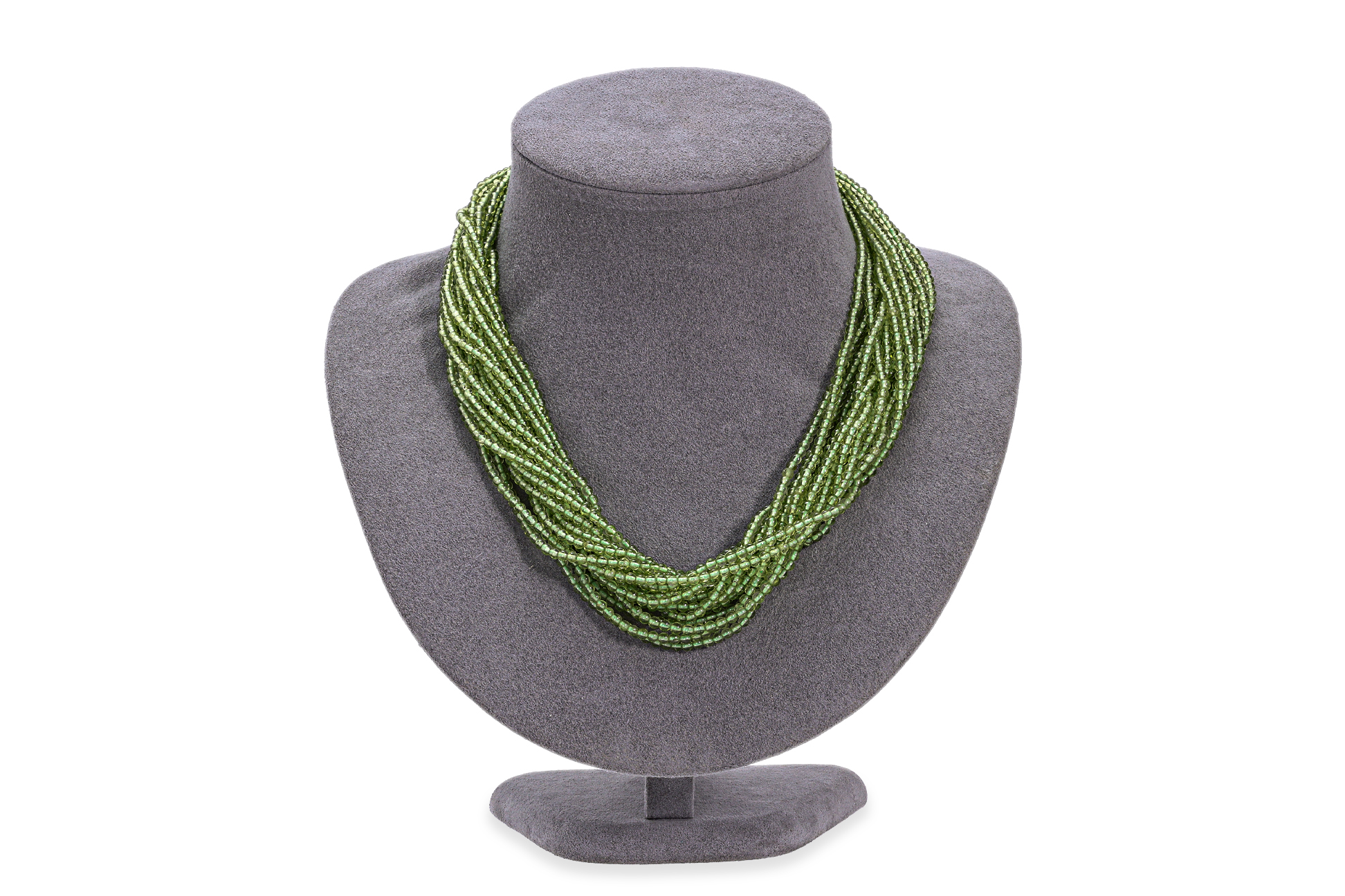 A MULTI STRAND PERIDOT BEAD NECKLACE WITH GOLD CLASP