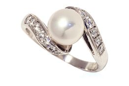 A CULTURED AKOYA PEARL AND DIAMOND RING BY MIKIMOTO