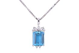 AN AQUAMARINE AND DIAMOND PENDANT ON CHAIN
