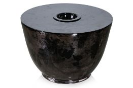A BLACK GLAZED CERAMIC COFFEE TABLE WITH ASHTRAY